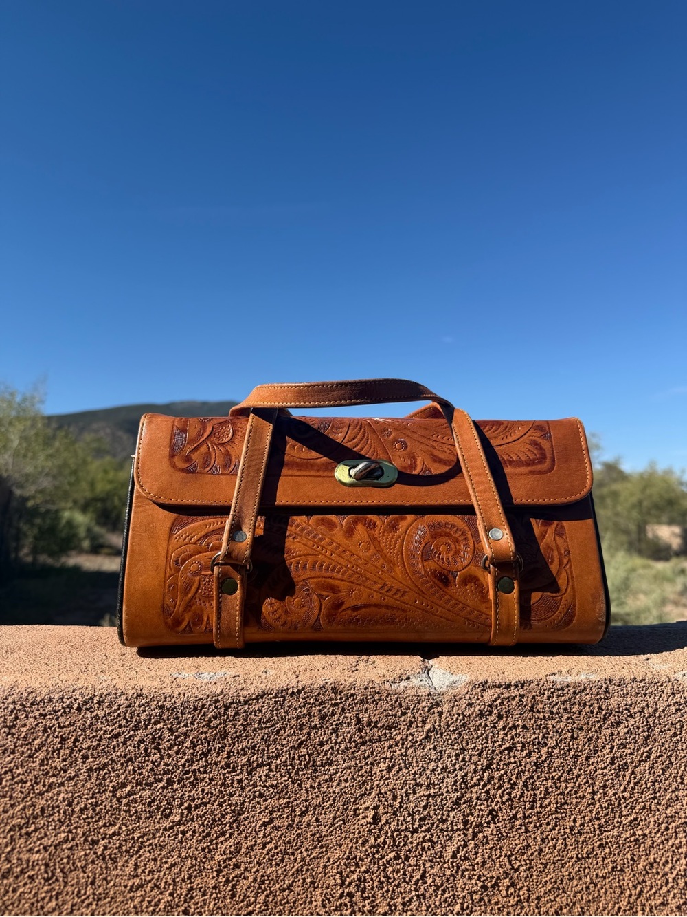 Vintage Hand-Tooled Leather Satchel Bag in Cognac Brown